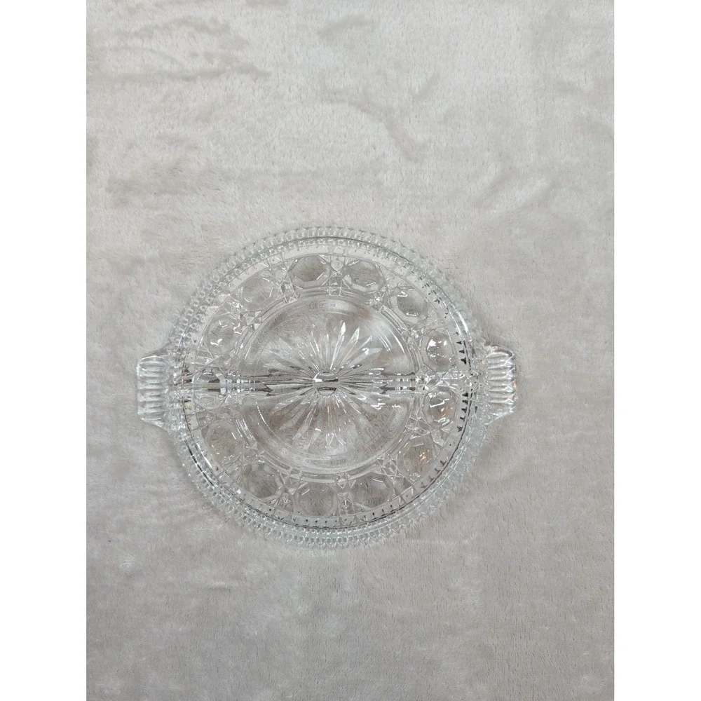 Vtg Clear Pressed Glass Divided Relish‎ Dish Sunburst Serving Tray with Handles